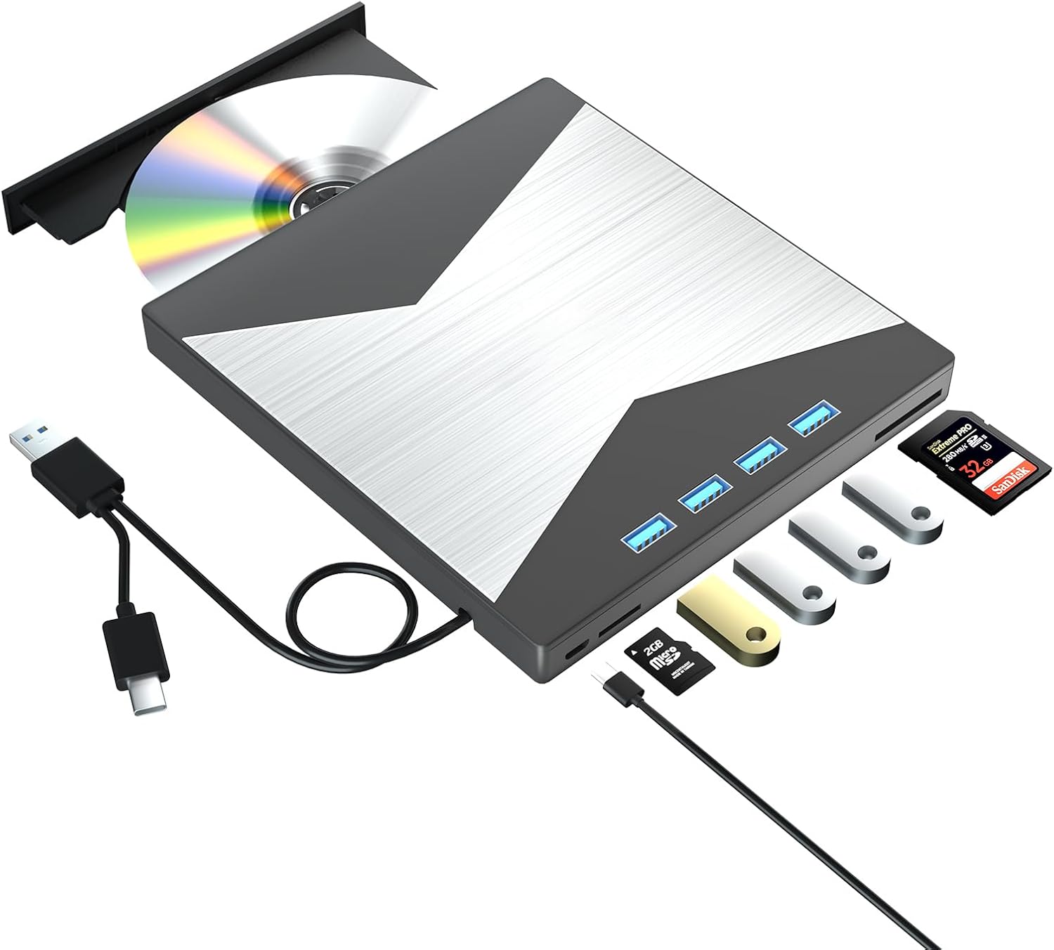 External Blu Ray Drive, 4K Portable Blu Ray Burner USB 3.0 Type-C UHD BD Player with SD/TF Port, CD/DVD Burner R/W 3D Blu Ray Drive