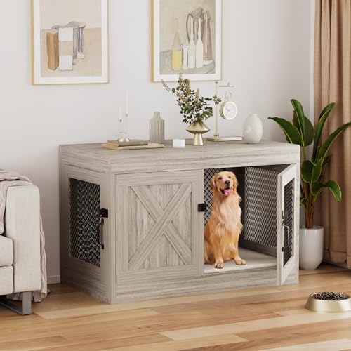Xilingol Corner Dog Crate Furniture with Double Doors, 36 Inch Wooden Dog Kennel End Table Indoor with Mesh, Cage/House for Small Medium Large Dog