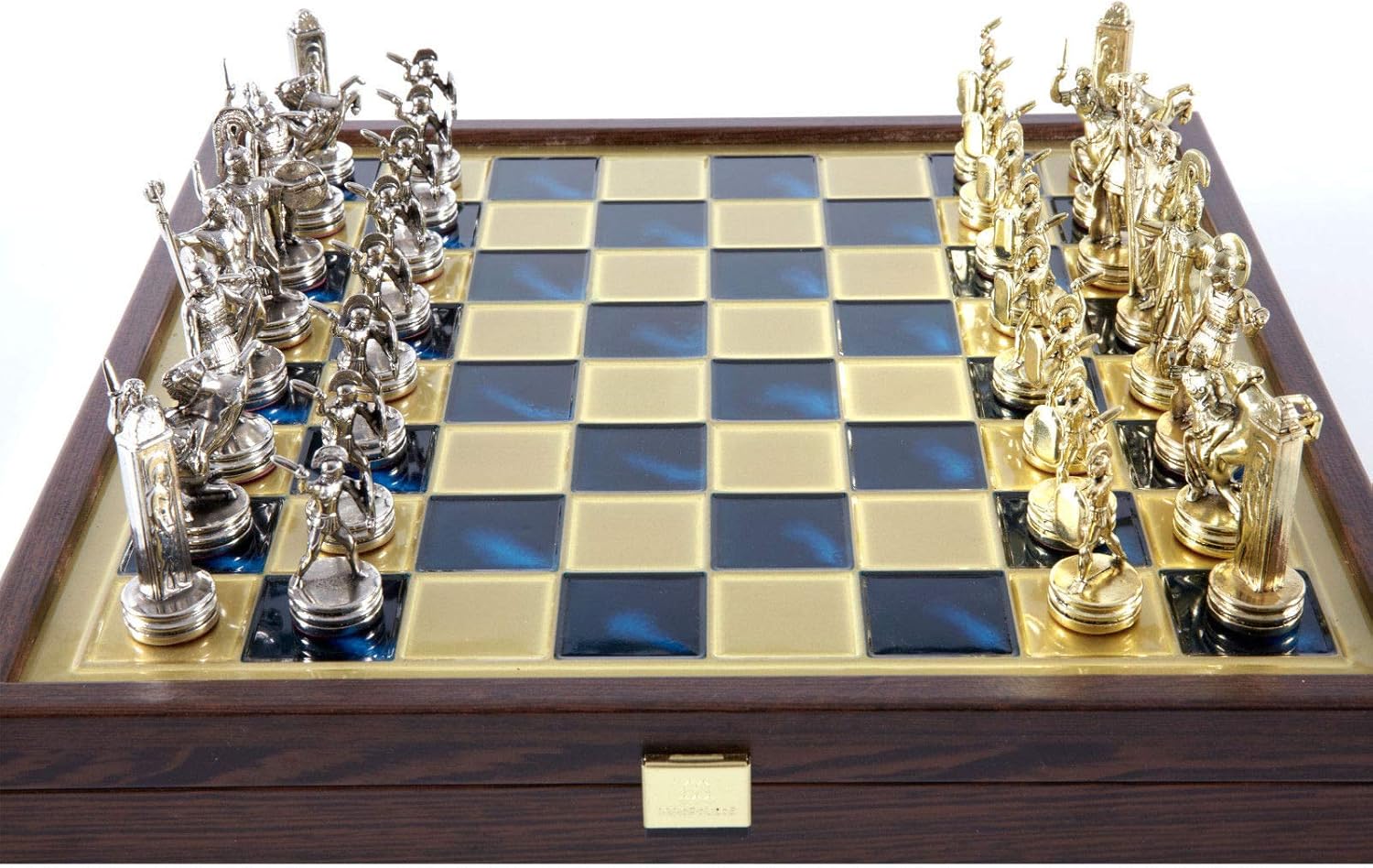 Manopoulos Greek Mythology Chess Set - Brass&Nickel - Wooden case Blue Board