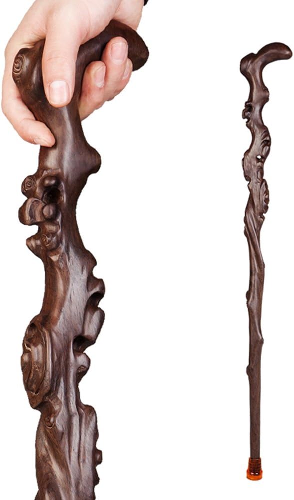 MUUL-WHCH Wood Cane with Supportive Curved Handle, Exquisite Carving Walking Canes, Handmade Carved Sticks, Ebony Crutch Stick Gift for Men and Women