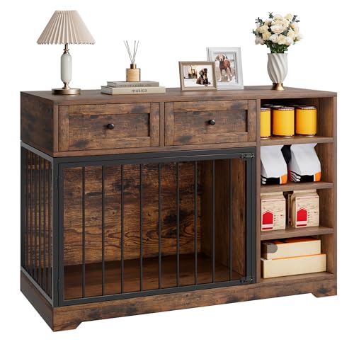 IDEALHOUSE 47” Large Dog Crate, Dog Kennel Indoor with 2 Drawers and 4 Shelves, Dog Crate Furniture TV Stand, Wooden Dog Cage for Medium Large Dogs