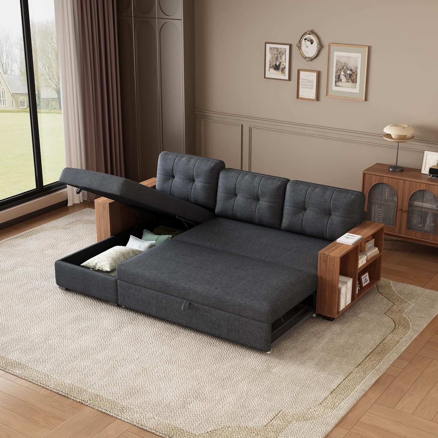 84" Pull Out Sectional Couch with Storage Chaise,L-Shape Upholstered Reversible Sofa Bed W/Hidden Wood Shelf Armrests