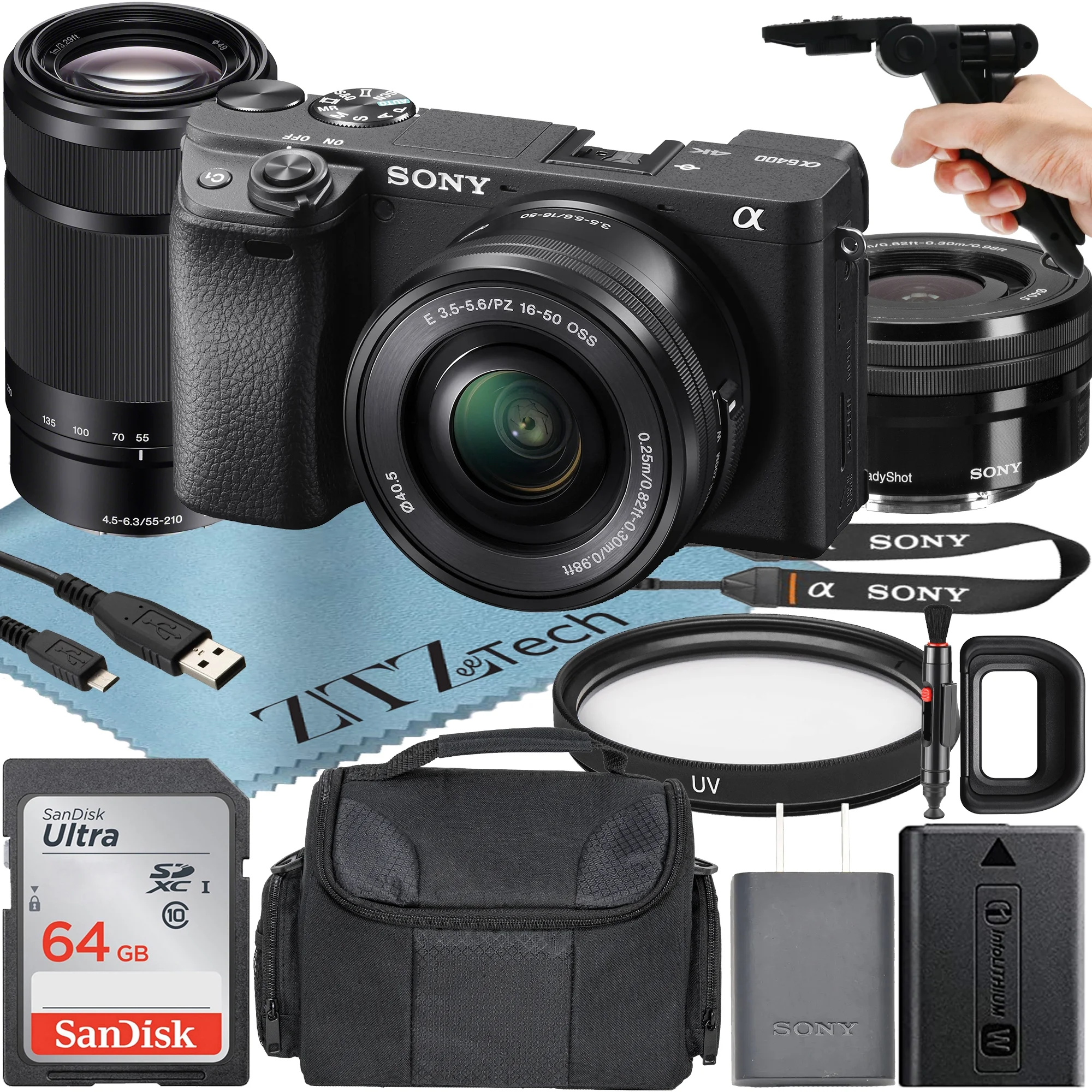 Sony Alpha a6400 Mirrorless Digital Camera with E PZ 16-50mm + E 55-210mm OSS Lens + SanDisk 64GB Card + Case + ZeeTech Accessory Bundle