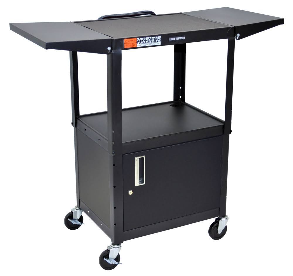 Luxor Adjustable Height Steel AV Cart - Cabinet, Drop Leaf (Black)