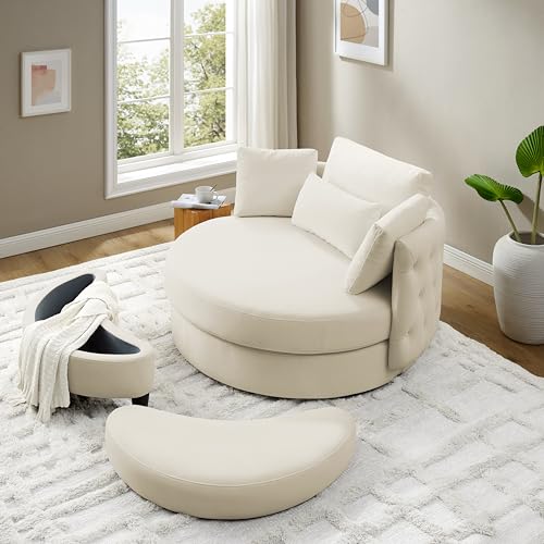 51.5-Inch Oversized Swivel Accent Barrel Chair with Storage Ottoman ,Button Decor and 4 Pillows