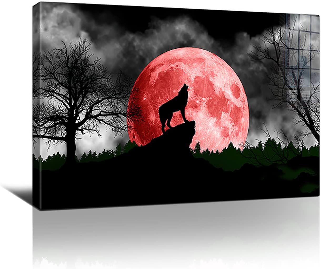 Wolf Canvas Print Wall Art Moon And Howling Wolf Painting Wall Decor Modern Artwork Framed Ready To Hang For Office Living Room Bedroom Kitchen Home
