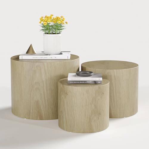 Vikiullf Nesting Coffee Table Set of 3, Round Wooden Coffee Tables, Modern Circle Table for Living Room, Bedroom, Accent Side Table