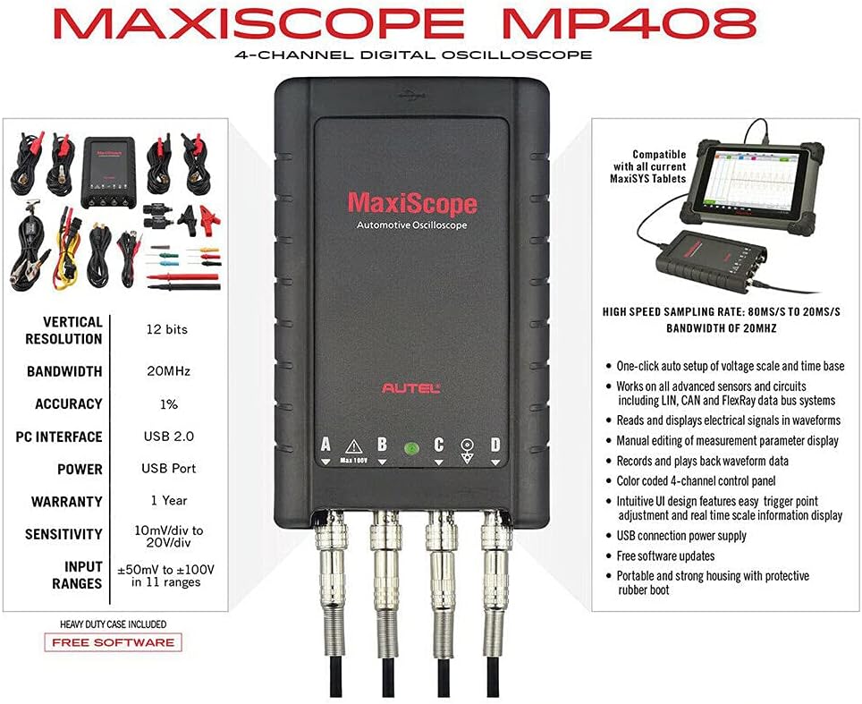 Autel MaxiScope MP408 4-Channel Automotive oscilloscope Works with PC or MS Tablet (MS908S MS908S PRO MS908CV MK908 MK908P MS906BT MK906BT MS906TS MS