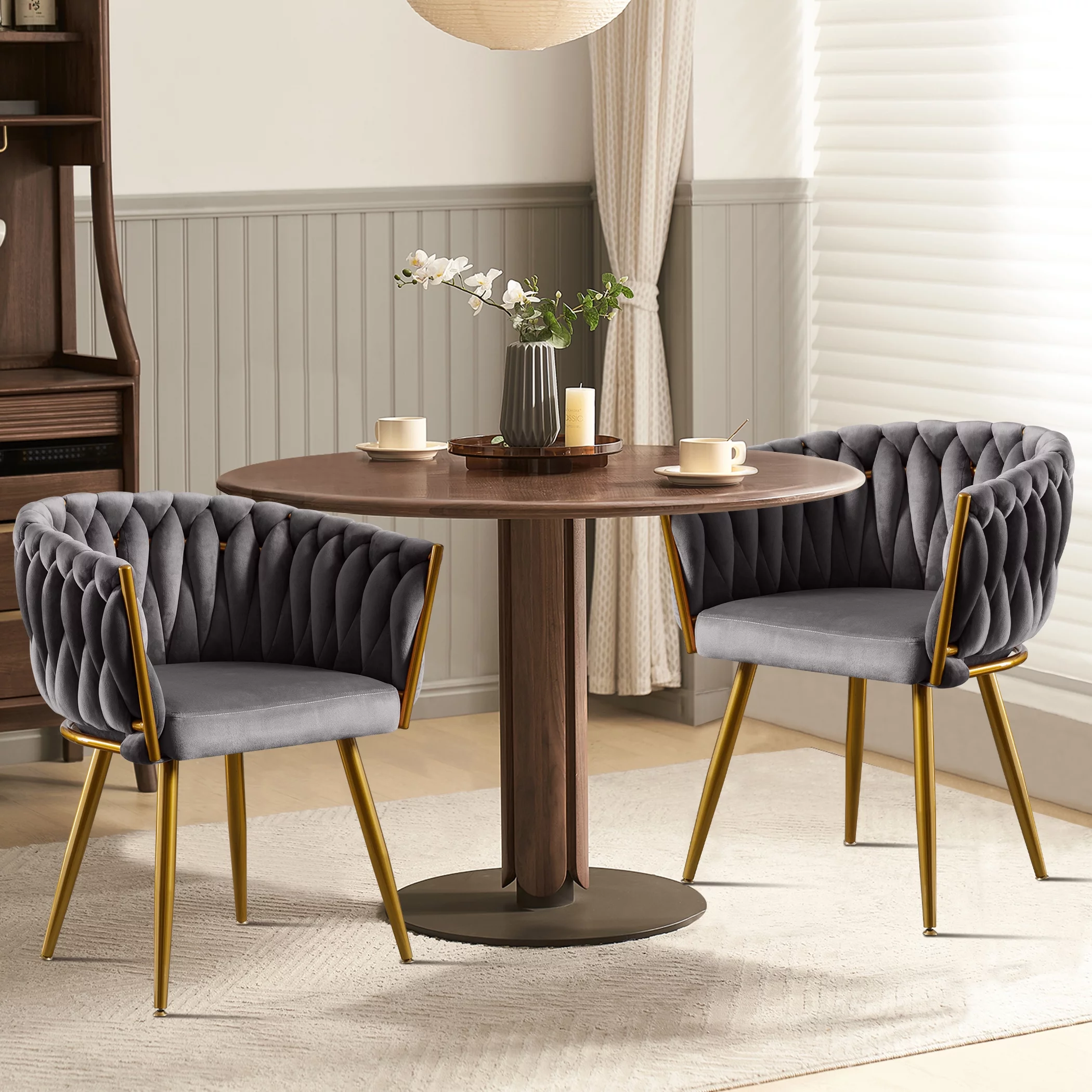 JONPONY Velvet Dining Chairs Set of 2, Modern Woven Upholstered Dining Chairs with Gold Metal Legs,Luxury Tufted Dining Chairs for Living Room