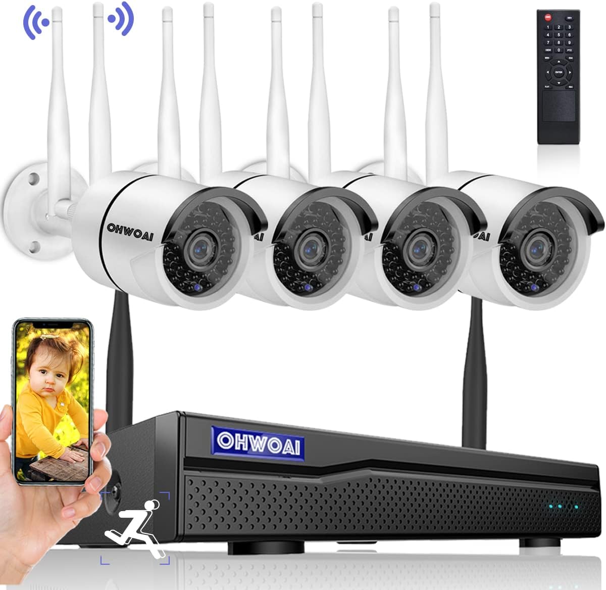【2K 3.0MP&2 Way Audio】 Wireless Security Camera System,8CH NVR,4Pcs Dual Antenna Home WiFi IP Cameras with Floodlights