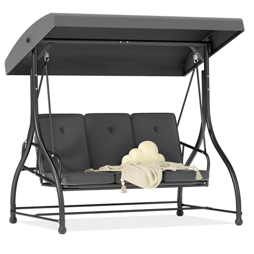 3-Seat Outdoor Porch Swing Glider with Adjustable Canopy, Patio Swings Bed with Removable Cushion for Porch, Backyard, Garden, Poolside, Balcony