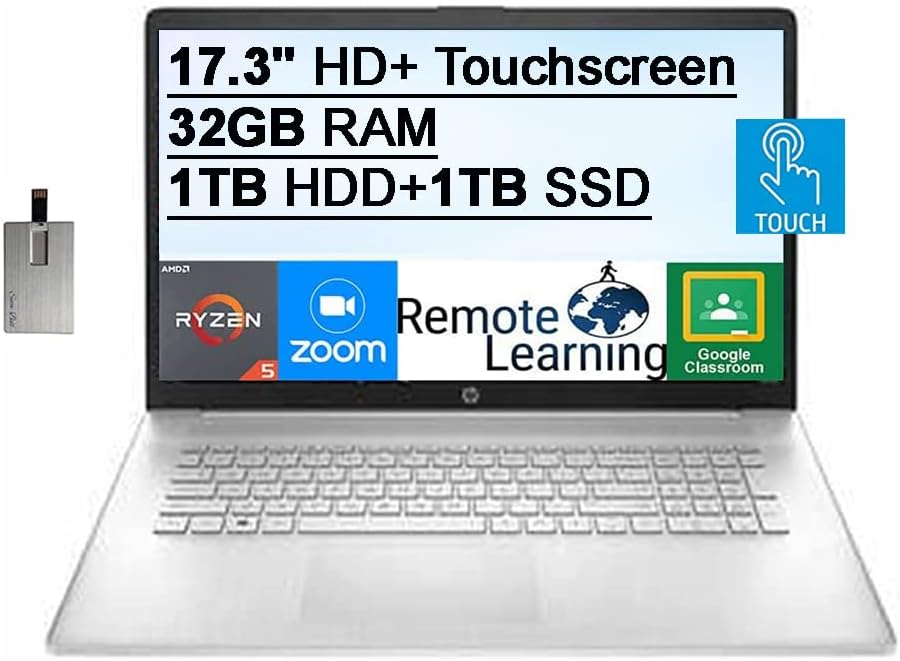 2022 HP 17.3" HD+ Touchscreen Laptop Computer, AMD Ryzen 5-5500U Processor, 32GB RAM, 1TB HDD+1TB SSD, AMD Radeon Graphics, Audio, HD Webcam