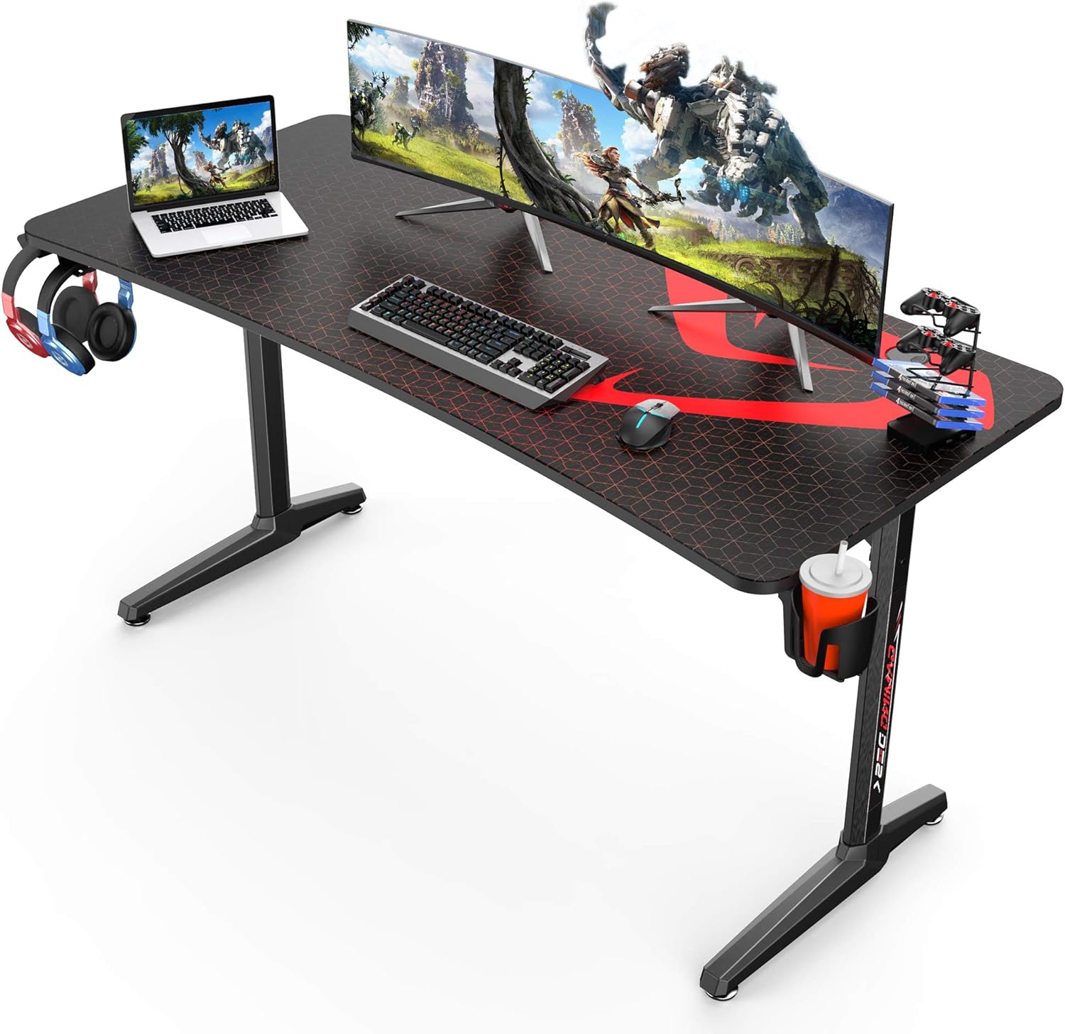 Eureka Ergonomic Gaming Desk 60, Home Office Large Computer Gaming Desk PC Gamer Desk with Mouse Pad Headset Hook Cup Holder, and Cable Management
