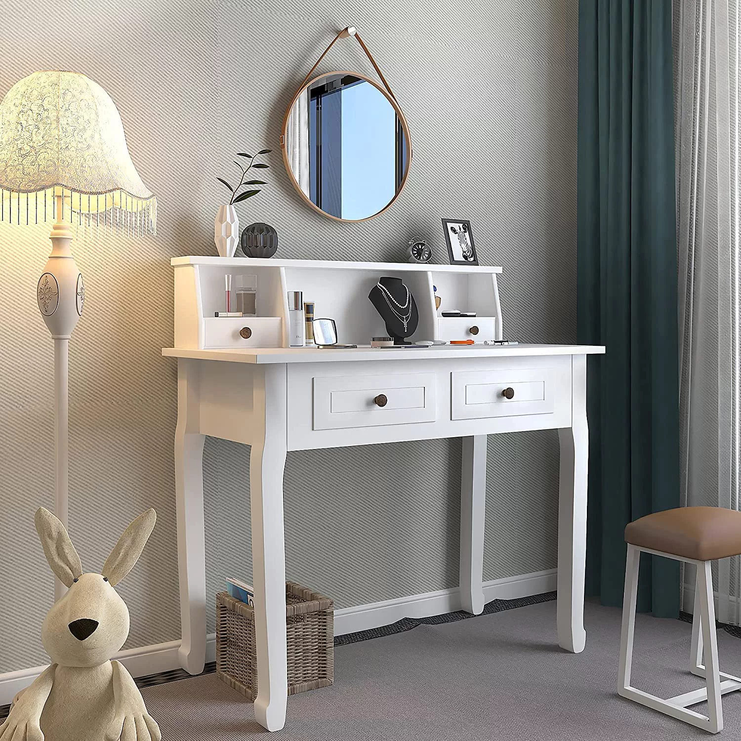 WAGEE Writing Desk with Storage Drawers, 32 Inch White Secretary Desk for Home Office, Computer Desk with Drawres, Small Vanity Desk for Bedroom
