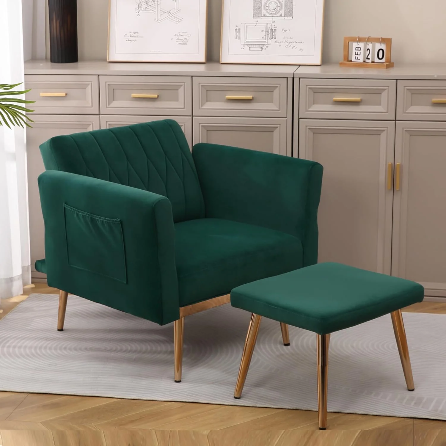 Velvet 2 in 1 Accent Chair with Ottoman,Modern Tufted Single Sofa Armchair with Adjustable Backrest,Armrests