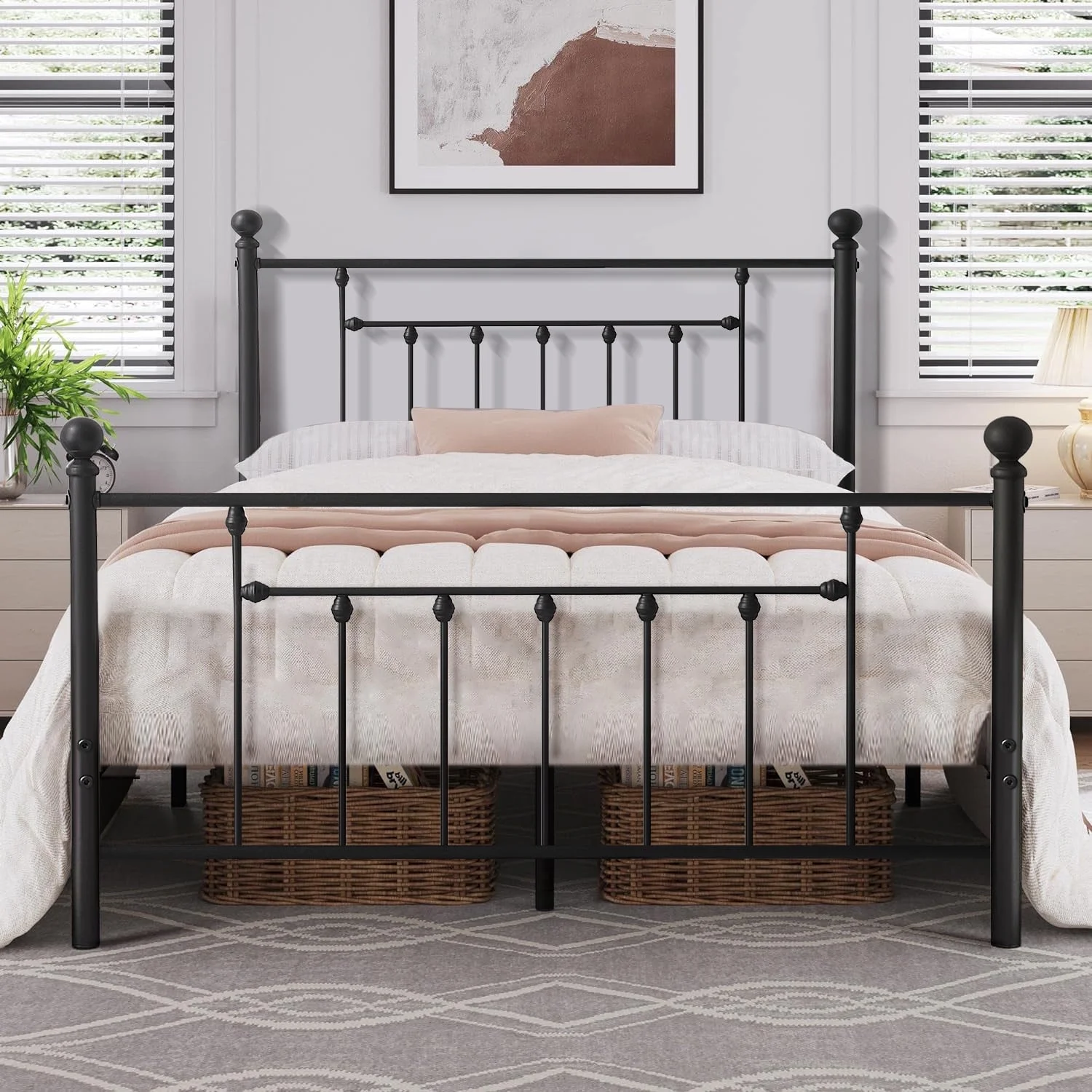 VECELO Metal Bed Platform Frame with Headboard and Footboard, Mattress Foundation, Queen Size, Black