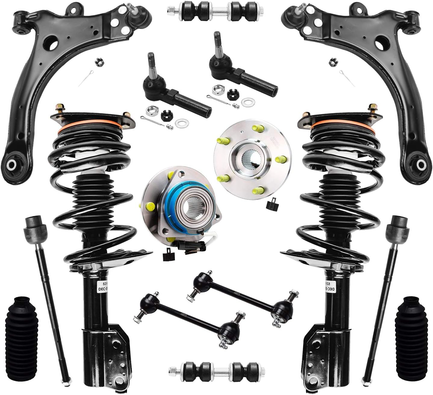 Detroit Axle - Front Struts + Wheel Hubs + Control Arms w/ Ball Joints + Tie Rods Kit Replacement for Century Lacrosse Impala Monte Carlo - 16pc Set