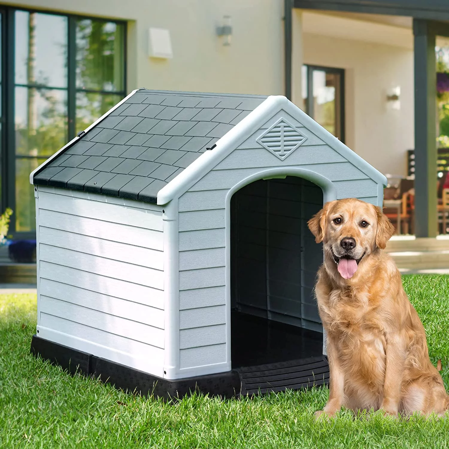 Dextrus Large Plastic Dog House with Air Vents and Elevated Floor,Water Resistant Dog Puppy Shelter for Indoor and Outdoor Use