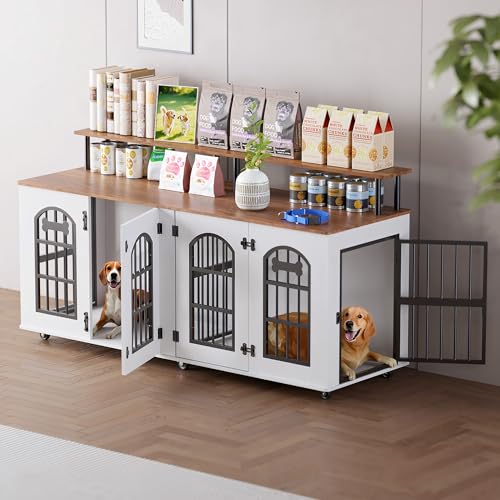 Double Dog Crate Furniture for 2 Dogs, 63" Indoor Wooden Dog Kennel for Medium Dogs with Divider, Wheels, Storage