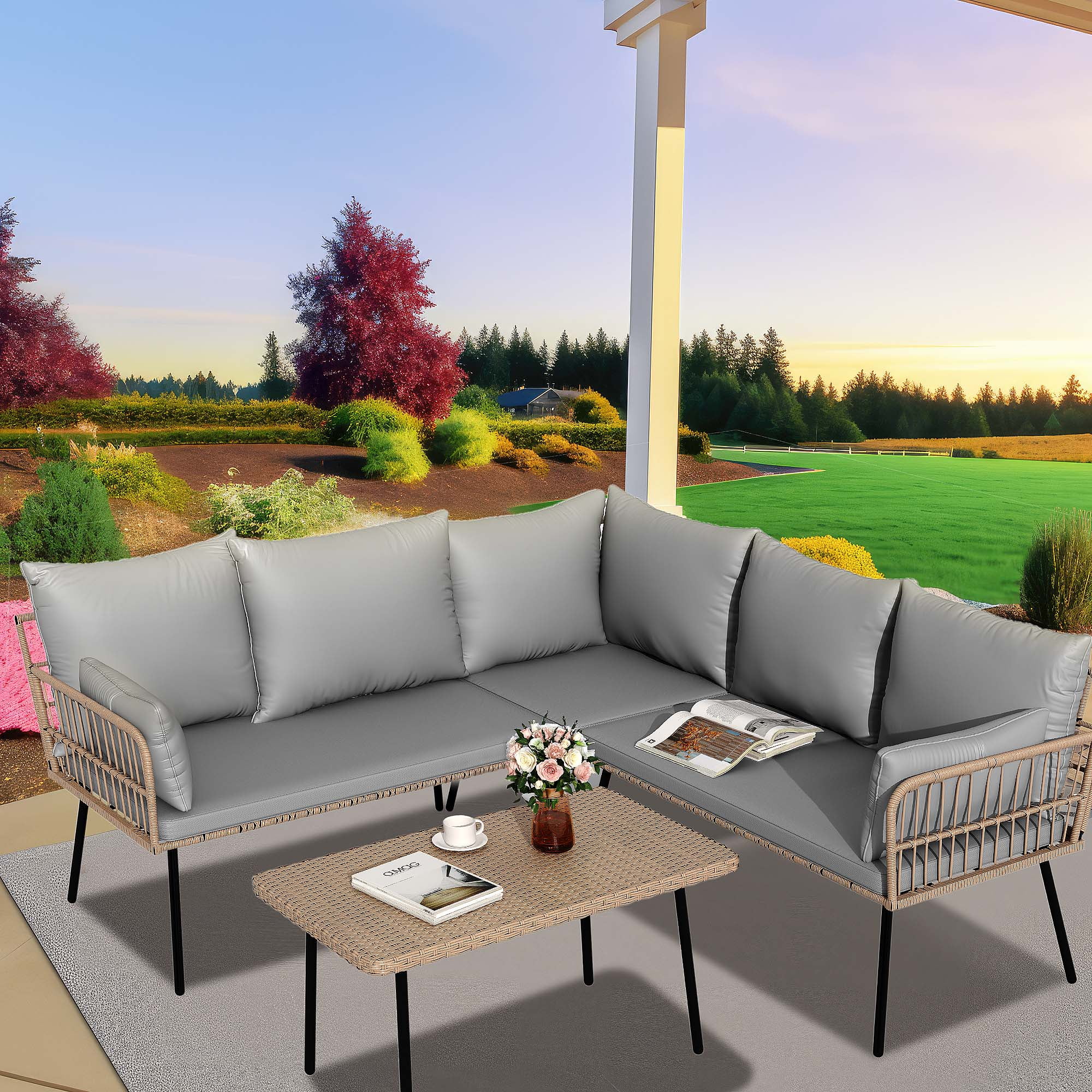 Dextrus 4-Piece Patio Furniture Set, Wicker Outdoor Bistro Set, Boho Woven Sectional L-Shaped Patio Sofa Set with Cushions and Side Coffee Table