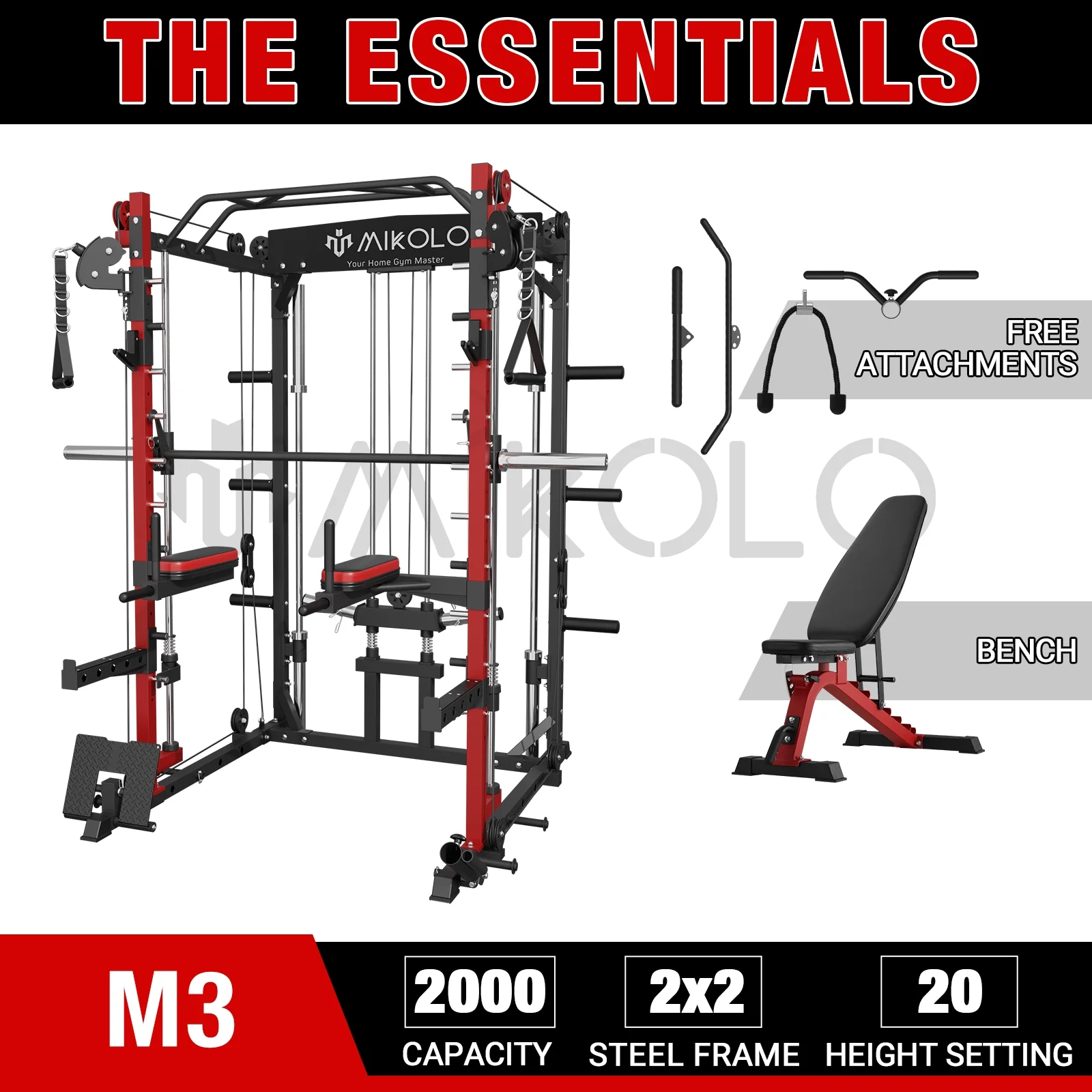 Mikolo Smith Machine Home Gym, 2000lbs Squat Rack with 800 lbs Weight Bench Combo