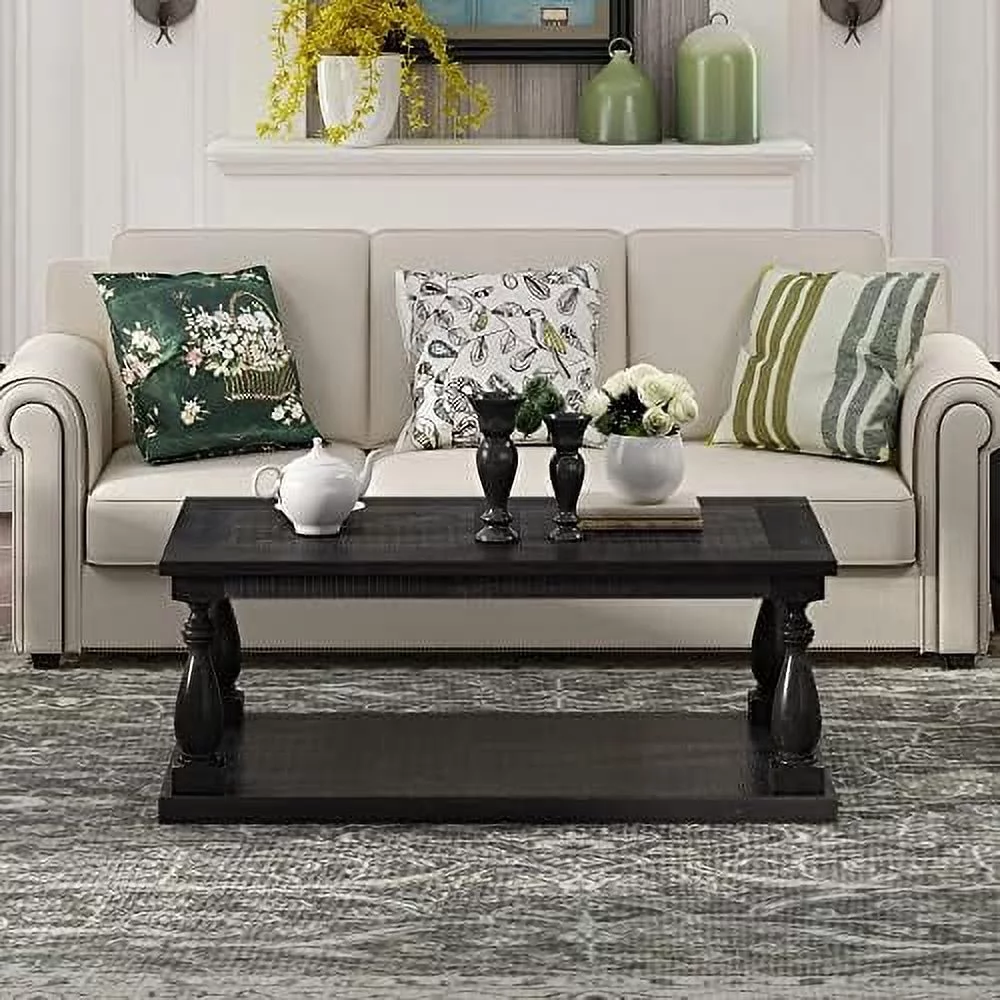 Rustic Floor Shelf Coffee Table Farmhouse Rustic With Storage Shelf For Living Room,Solid Pine Wood,Black