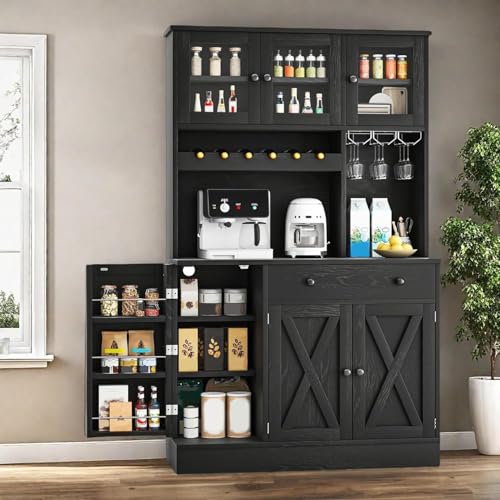 YITAHOME Kitchen Pantry Cabinet with Wine Rack & Power Outlet, 71" H Tall Storage Cabinet with Doors, Shelves, Drawer