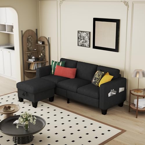 Convertible Sectional Sofa Couch Beige 3Seat L-Shaped Sectional Sofa Couch with Storage Ottoman and Pockets