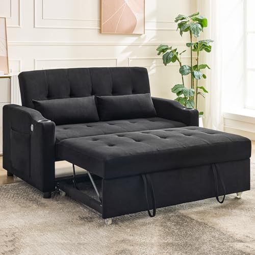 GarveeHome 3 in 1 Convertible Sleeper Sofa Bed, Corduroy Futon Couches with Pull-Out Bed, Adjustable Backrest, Charging Port & Side Pockets