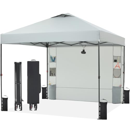 10'x10' Pop Up Canopy Tent with 1 Sidewall and 6 Pockets, One Push Setup, Instant Shade Tent with Vented Roof for Beach Patio Outdoor, Case, 8 Stakes