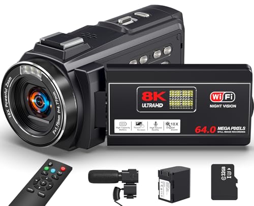 8K 64MP Video Camera Camcorder, 18X Digital Zoom with IR Night Version Vlogging Camera for Youtube, 3.0" IPS Touch Screen with one 4500mAh Battery