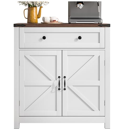 Walnut Buffet Sideboard Cabinet with 2 Barn Doors, Farmhouse Coffee Bar Cabinet, Bathroom Cabinet with Adjustable Shelf, Storage Cabinet for Kitchen