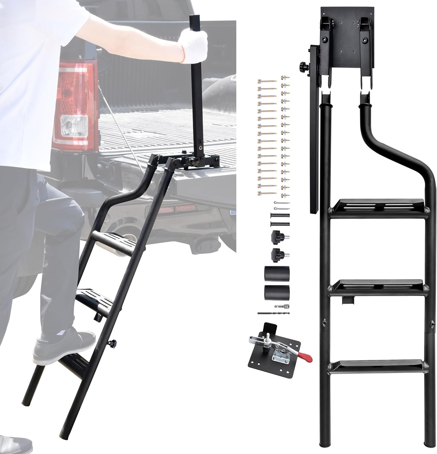 42" Foldable Pickup Truck Tailgate Ladder with Grab Handle, Heavy Duty Universal Folding Tailgate Step Ladder with Handrail for Pickup Truck (F150