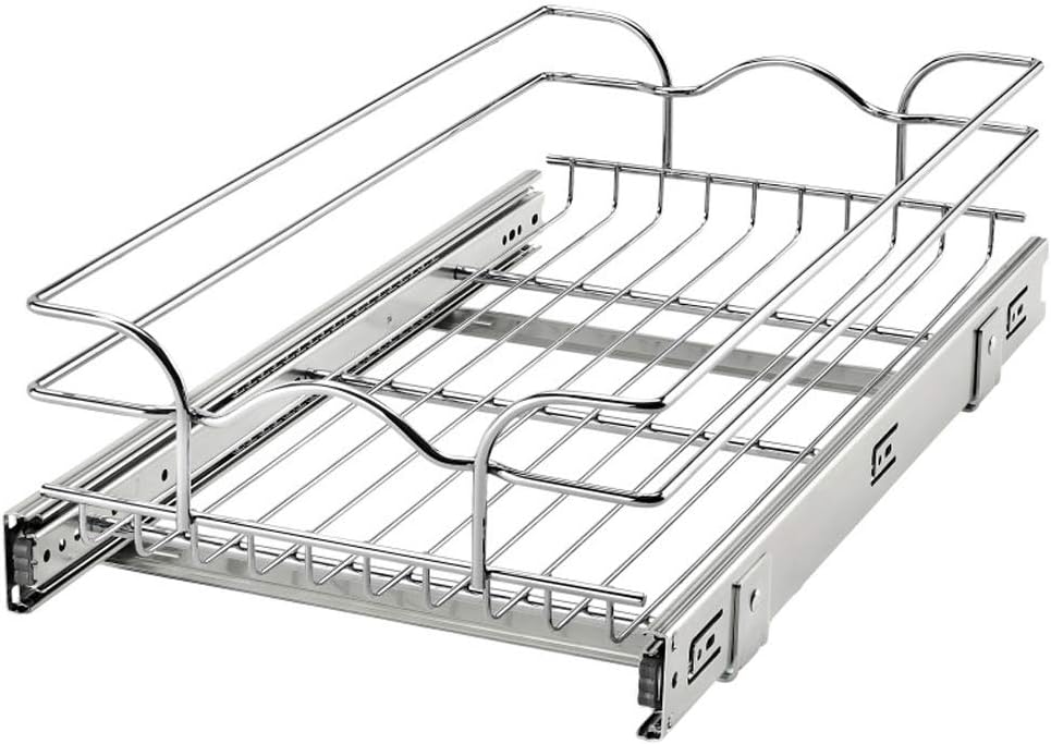 Rev-A-Shelf 5WB1-1222CR-1 12 Inch x 22 Inch Single Wire Basket Sliding Pull Out Shelf Storage Fully Assembled Durable Organizer for Kitchen Base