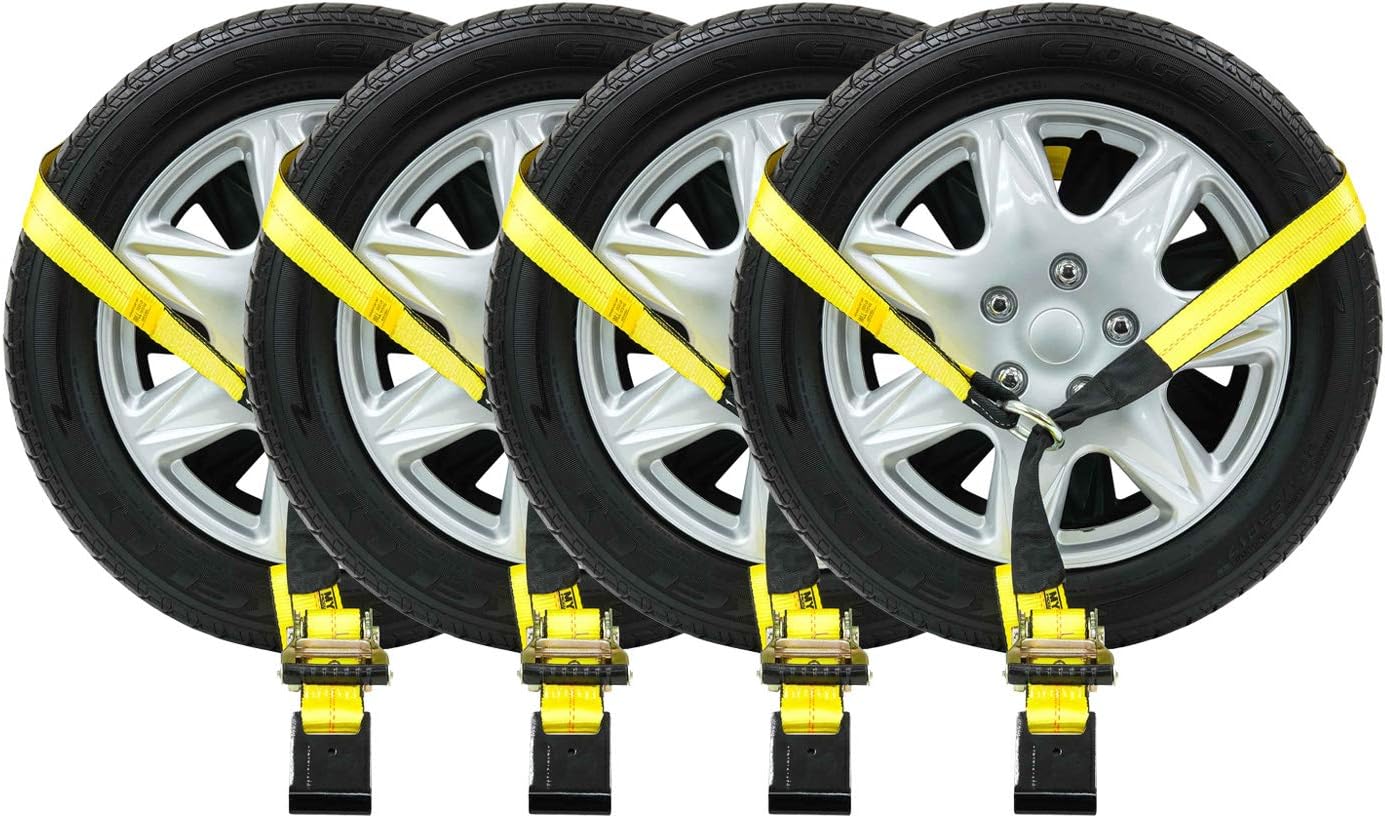 Mytee Products (4 Pack 2 x 14' Car Tie Down Lasso Ratchet Strap with Flat Hook - Tire Straps for Car Trailer - Wheel Straps for Hauling Cars