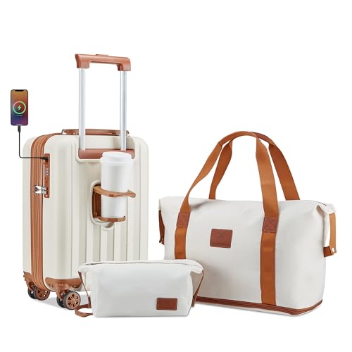 imiomo Luggage Sets 4 Piece Expandable Luggage Set, Hardside Carry on Suitcase with USB Port Cup Holder