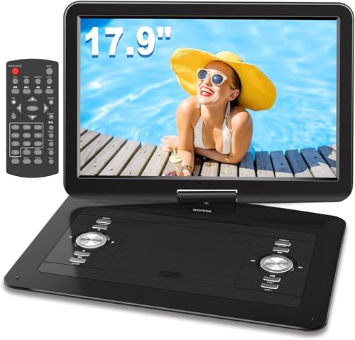 WONNIE 17.9" Large Portable DVD/CD Player with 6 Hrs 5000mAH Rechargeable Battery, 15.4" Swivel Screen, 1366x768 HD LCD TFT, All Regions