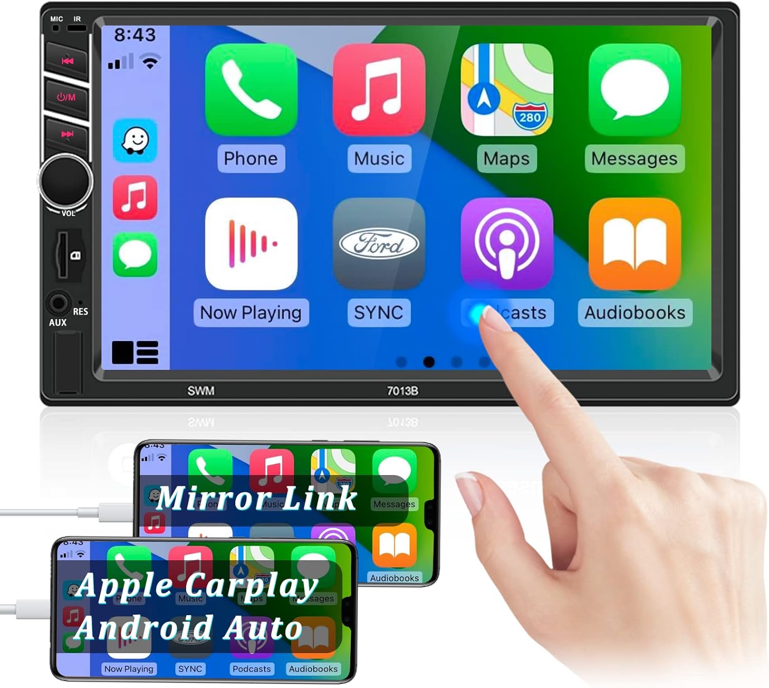 Double Din 7 inch Car Stereo with CarPlay Android Auto HD Touch Screen Multimedia Head Unit MP5 Player FM Receiver Support Bluetooth Mirror Link SWC
