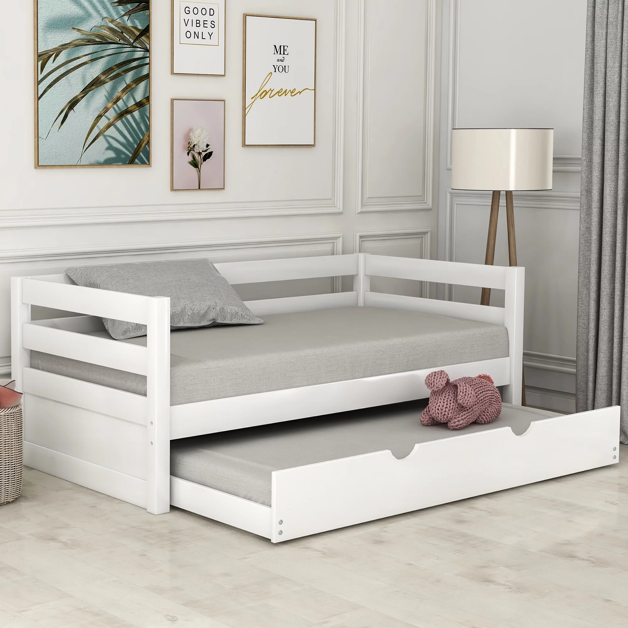 EUROCO Solid Wood Daybed with Trundle, Twin for Kids Room, White