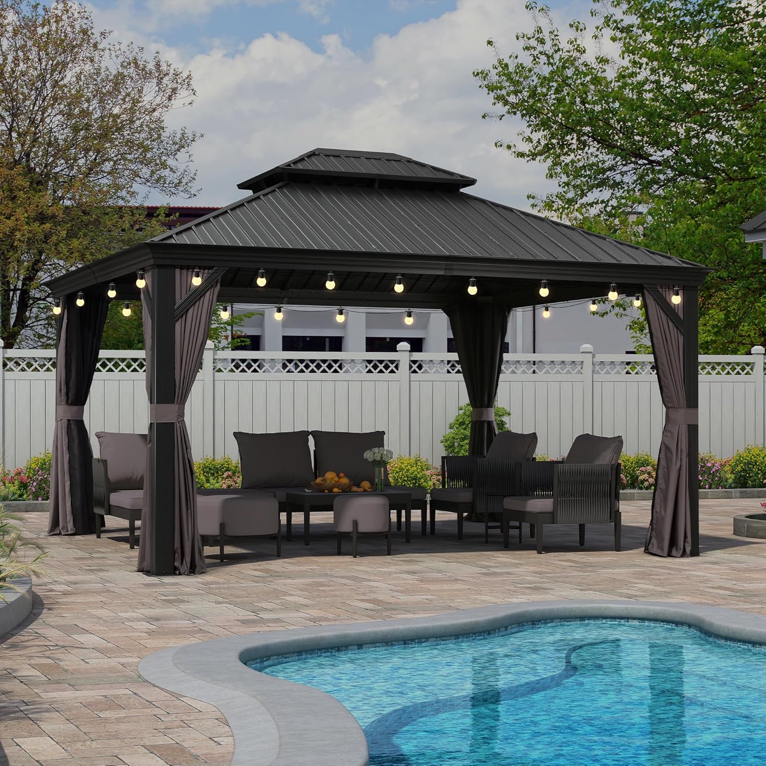 PURPLE LEAF 12' X 14' Patio Gazebo with Light Permanent Hardtop Gazebo with Metal Roof for Outdoor Lawn and Garden Grey