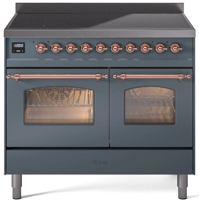 ILVE Nostalgie II 40 Induction Range with Element Stove and Electric Oven in Blue Grey with Copper Trim, UPDI406NMPBGP