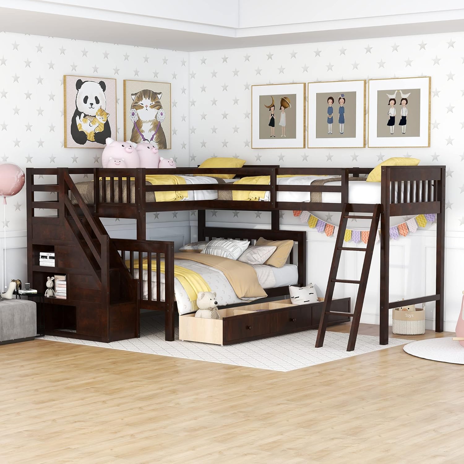 Bellemave L-Shape Triple Bunk Beds with Stairs and Storage Drawers Twin Over Full Bunk Bed Attached a Loft Bed with Drawers Wood Corner Bunked for 3