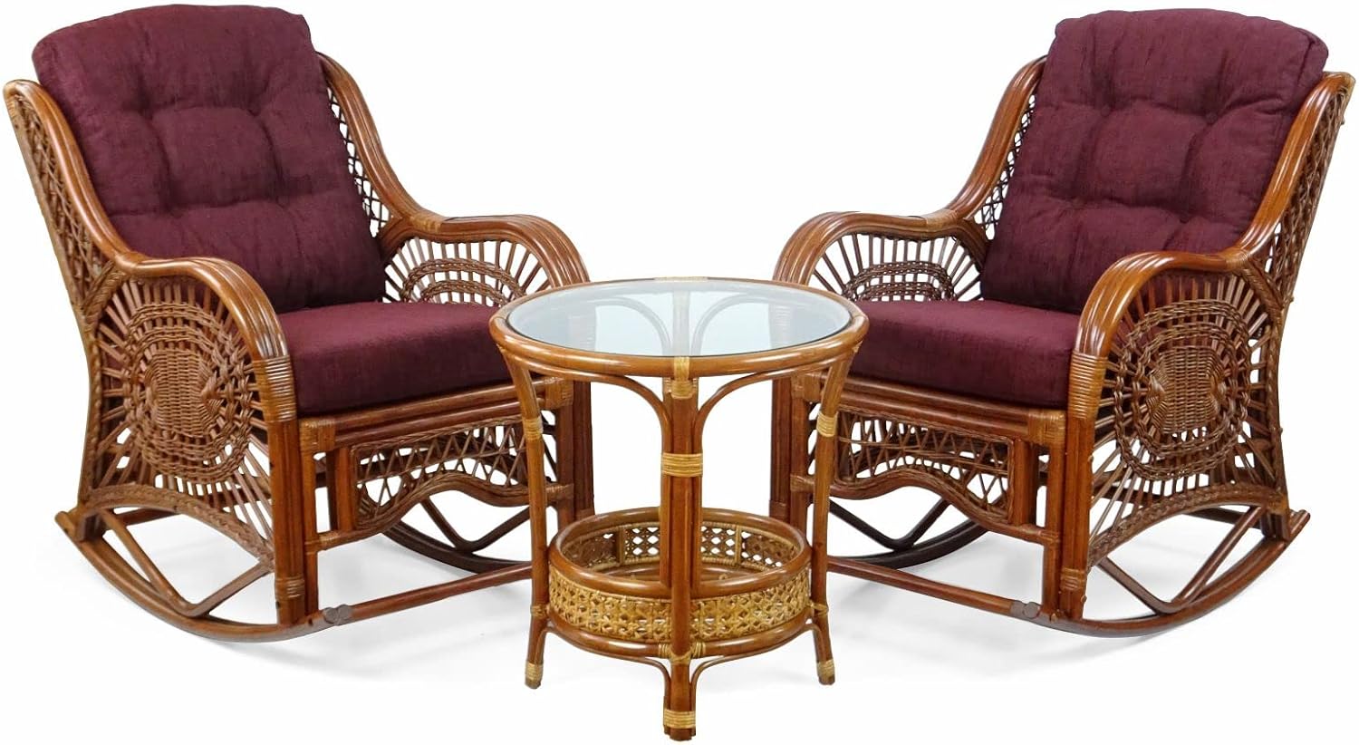 Wickerix Malibu Handmade Natural Rattan Living Room Set of 2 Rocking Lounge Chairs with Dark Brown Cushions and Round Coffee Table with Glass