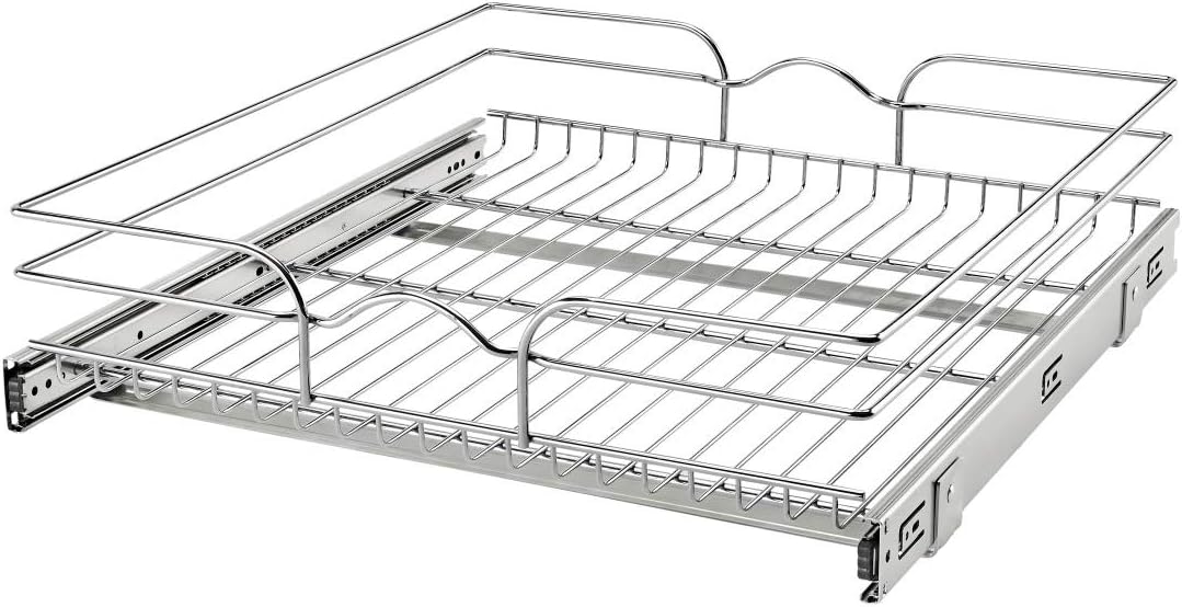 Rev-A-Shelf 5WB1-2122CR-1 21 Inch x 22 Inch Single Wire Basket Pull Out Shelf Storage Organizer for Kitchen Base Cabinets, Silver