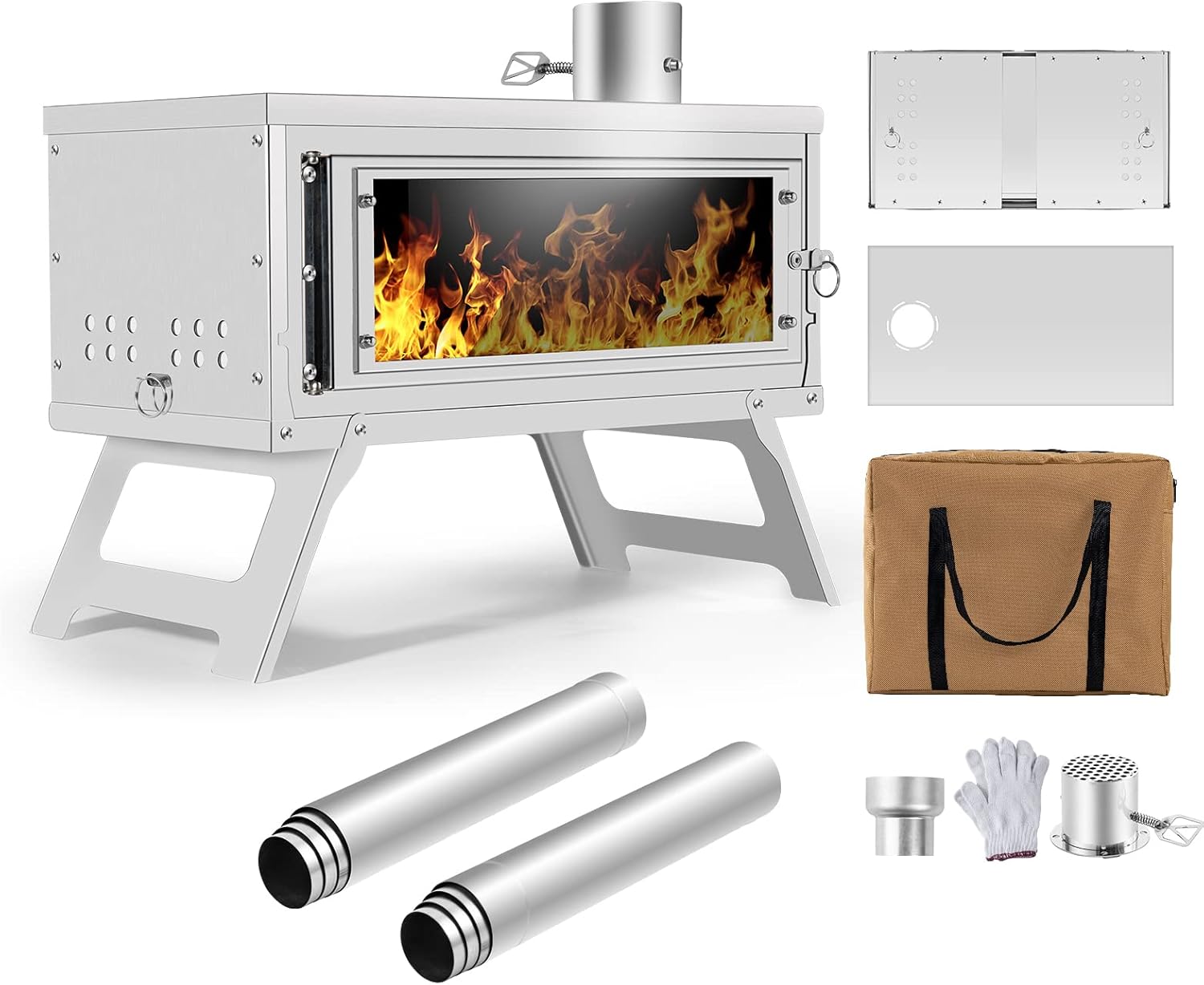 Fastfold Hot Tent Stove with Reinforced Body, Portable Wood Burning Stove with Secondary Combustion