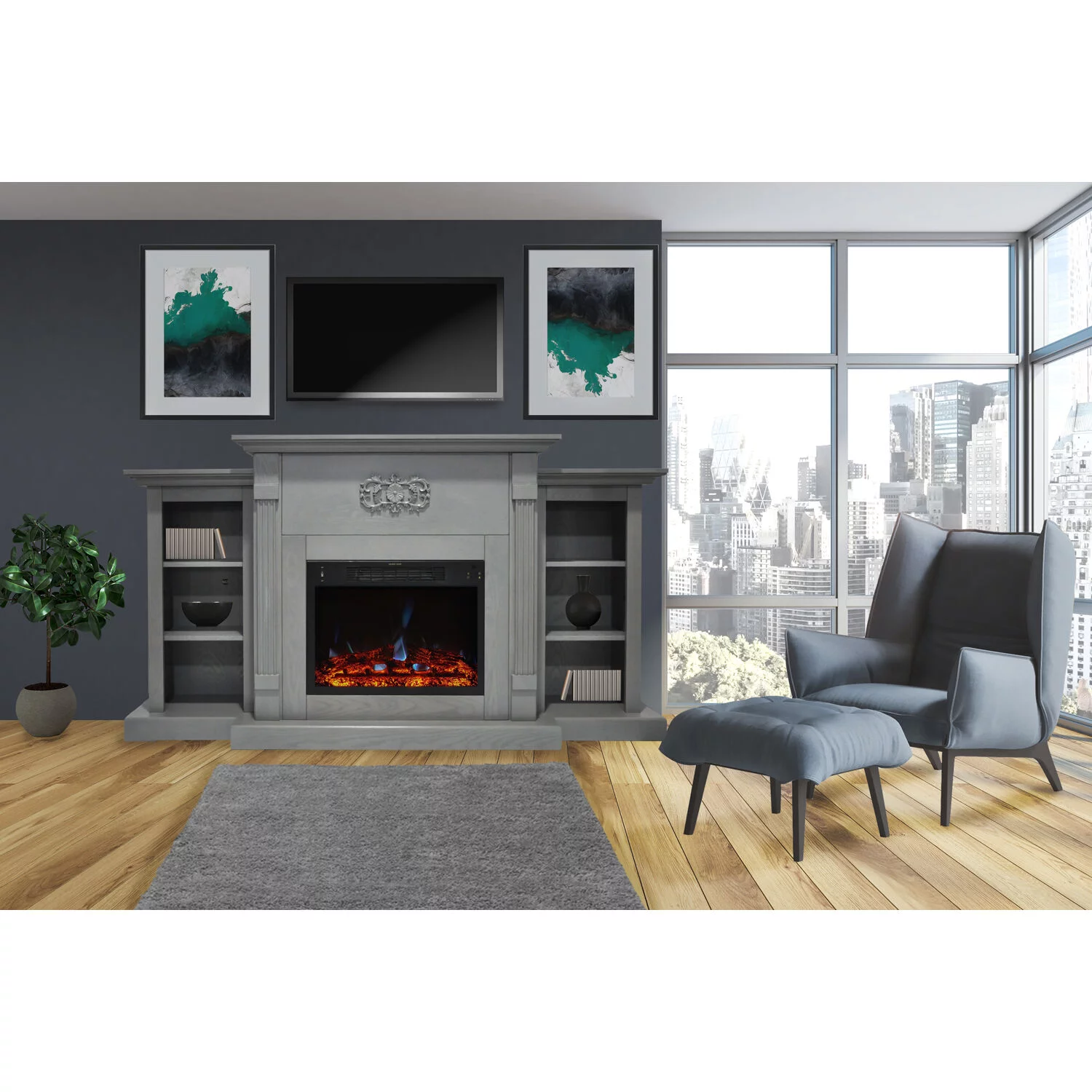 Cambridge Sanoma Electric Fireplace Heater with 72" Gray Mantel, Bookshelves, Enhanced Log Display, Multi-Color Flames, and Remote