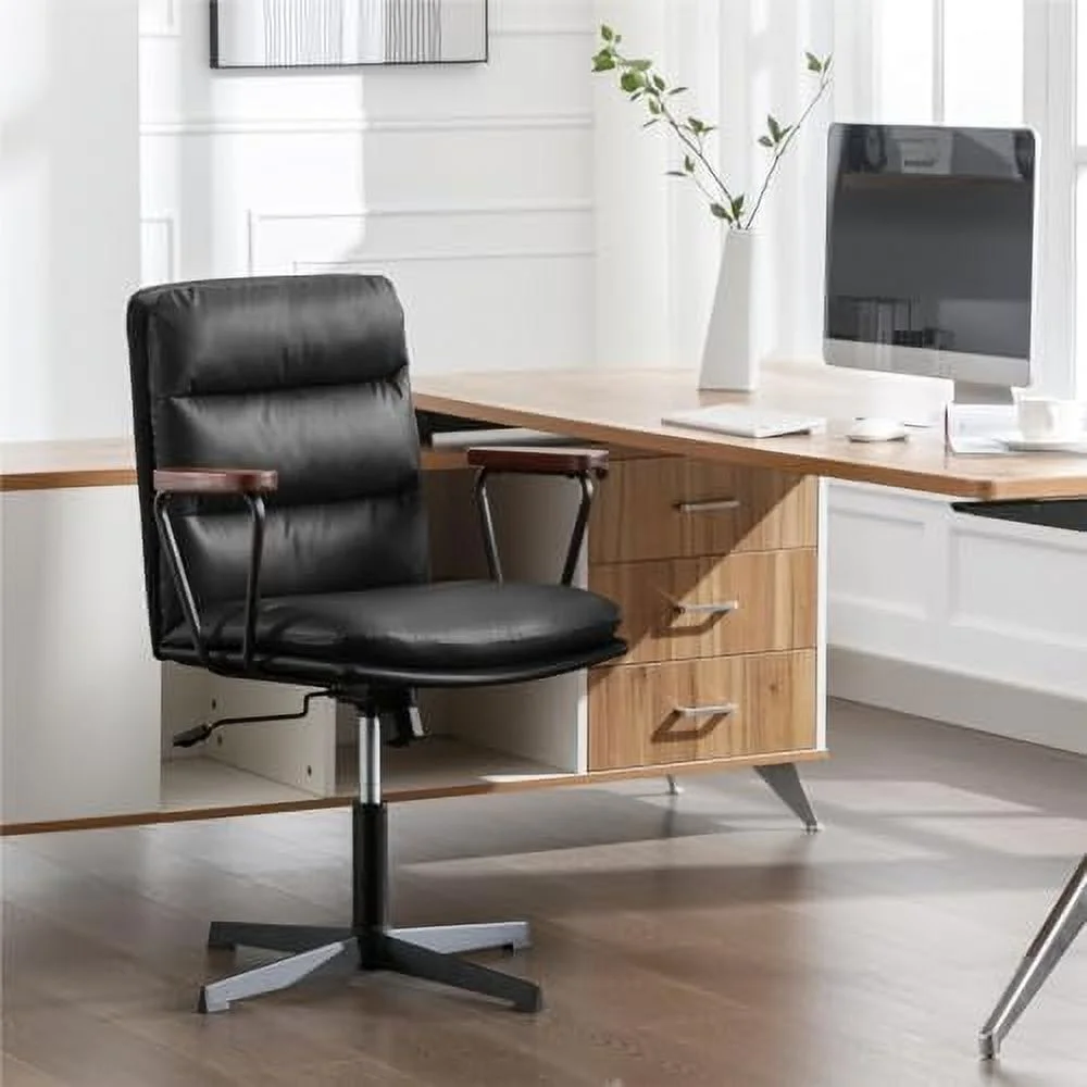 KHBIULIFE Office Desk Chair No Wheels  PU Leather Padded Criss Cross Chair with Wooden Armrests  Ergonomic Mid Back Adjustable Computer Chair  Cute