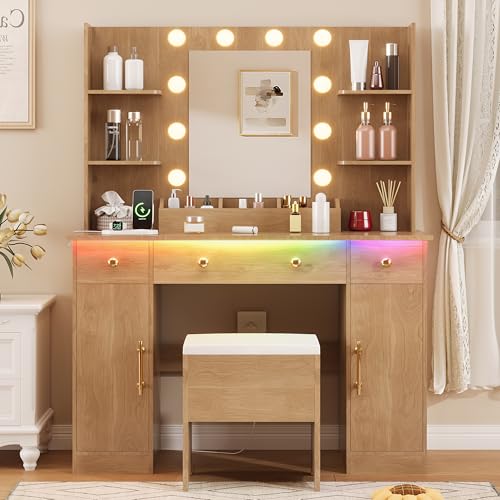 Vanity Desk with Mirror and Lights, Makeup Vanity with Charging Station & Vanity Stool