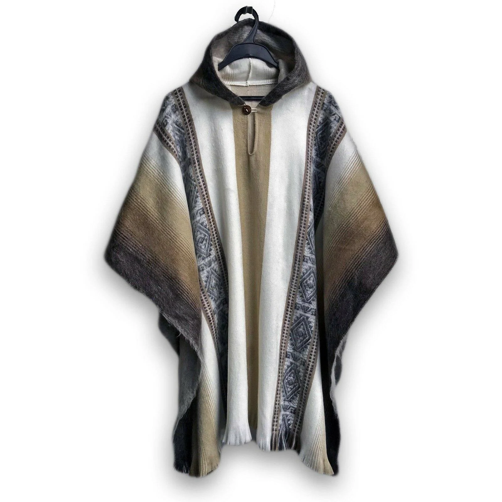 EcuaLama Hooded Wool Poncho Cape in White u0026 Brown - One Size