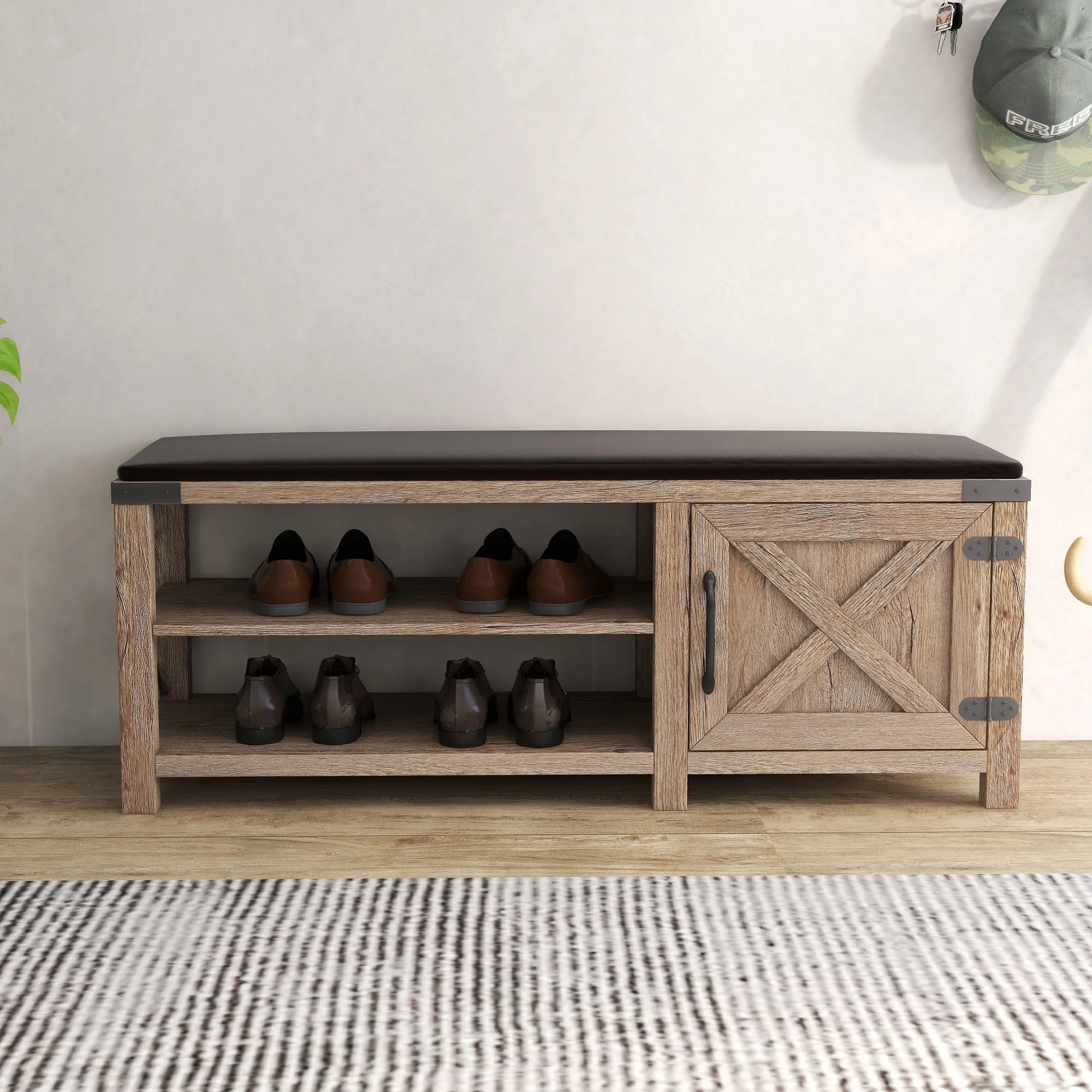 Shoe Bench Entryway with Storage, Shoe Rack Bench with Cushion Seat, Farmhouse 2-Tier Shoe Storage Bench for Entryway Bedroom, Hallway